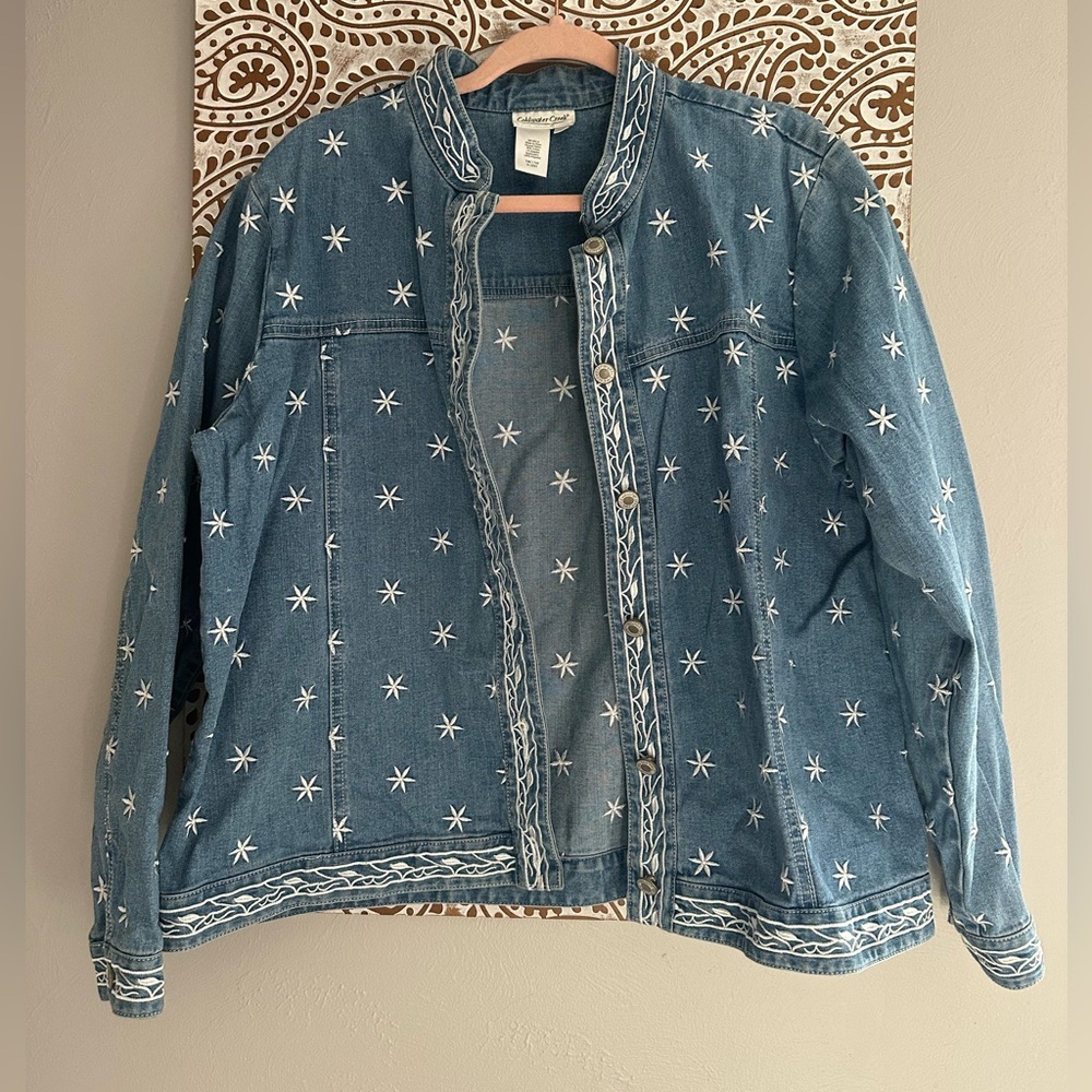 Coldwater Creek Blue Denim Jean Jacket with Star Embroidery